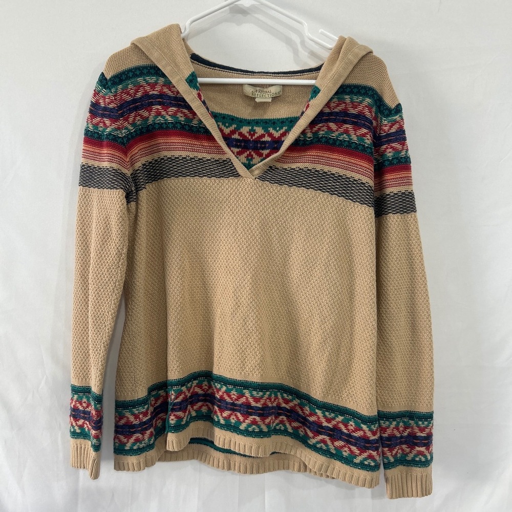 Natural Reflections Tan Southwestern Hooded Knit Sweater Medium V-Neck Pullover